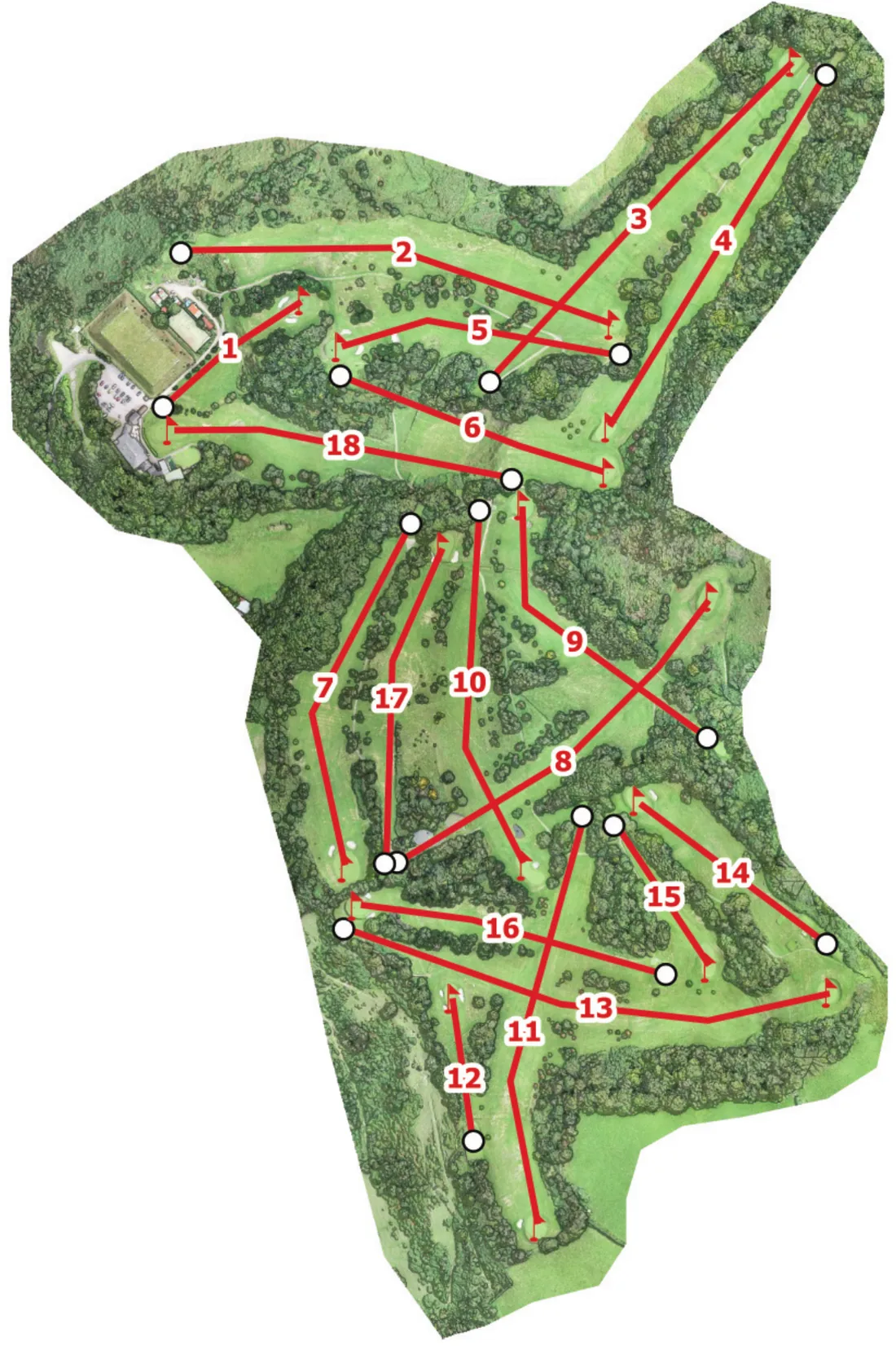 Aerial plan of the eighteen-hole course on Pontypridd Common, each hole numbered and marked from tee to green, the clubhouse at the top left