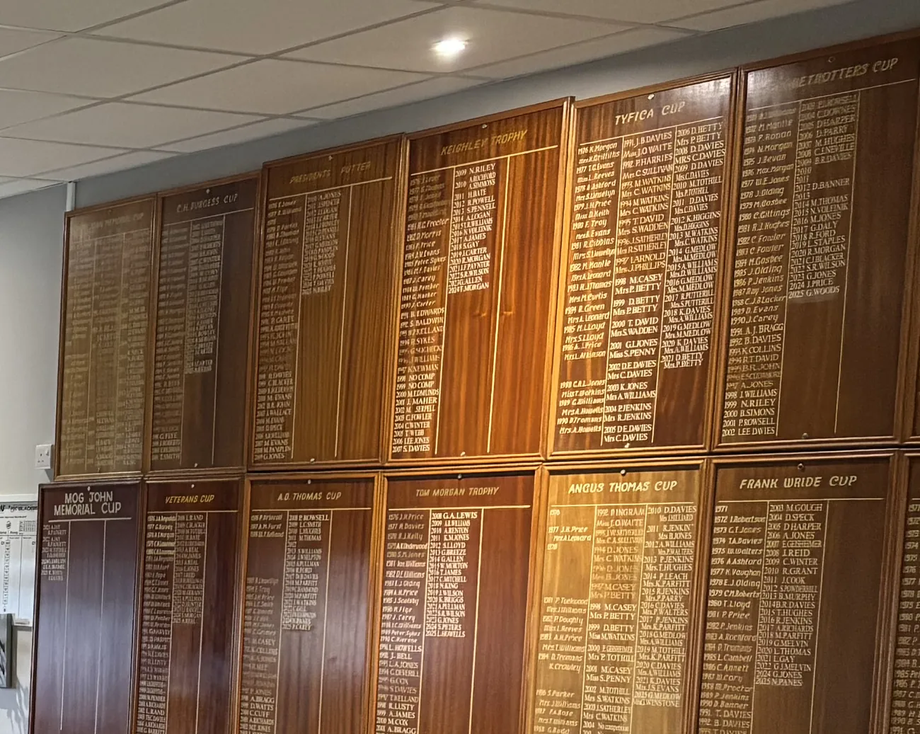 Rows of hand-painted honours boards in the clubhouse, listing competition winners going back decades